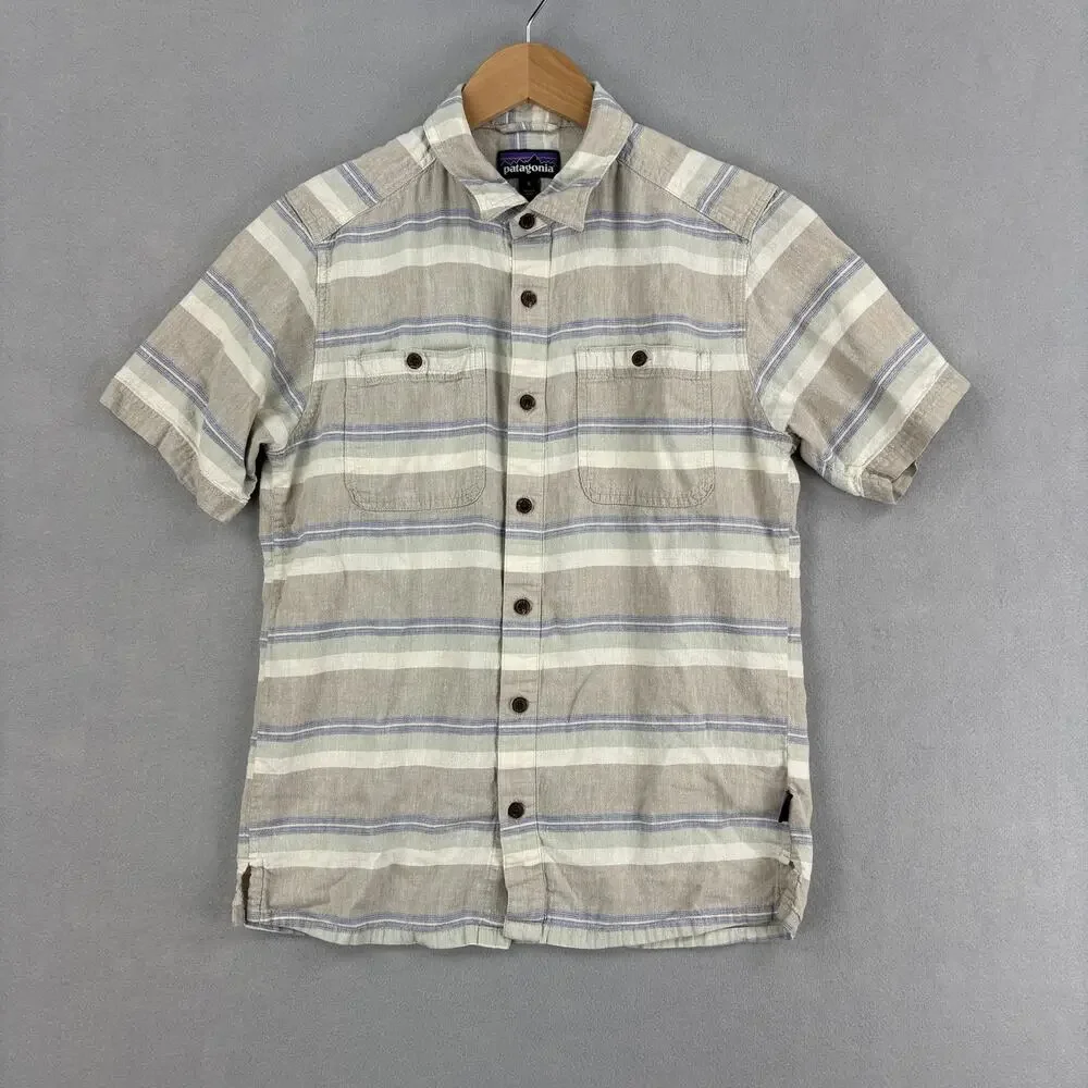 Patagonia Back Step Shirt Small Beige Stripe Short Sleeve Button Up Hemp Cotton - Picture 1 of 10